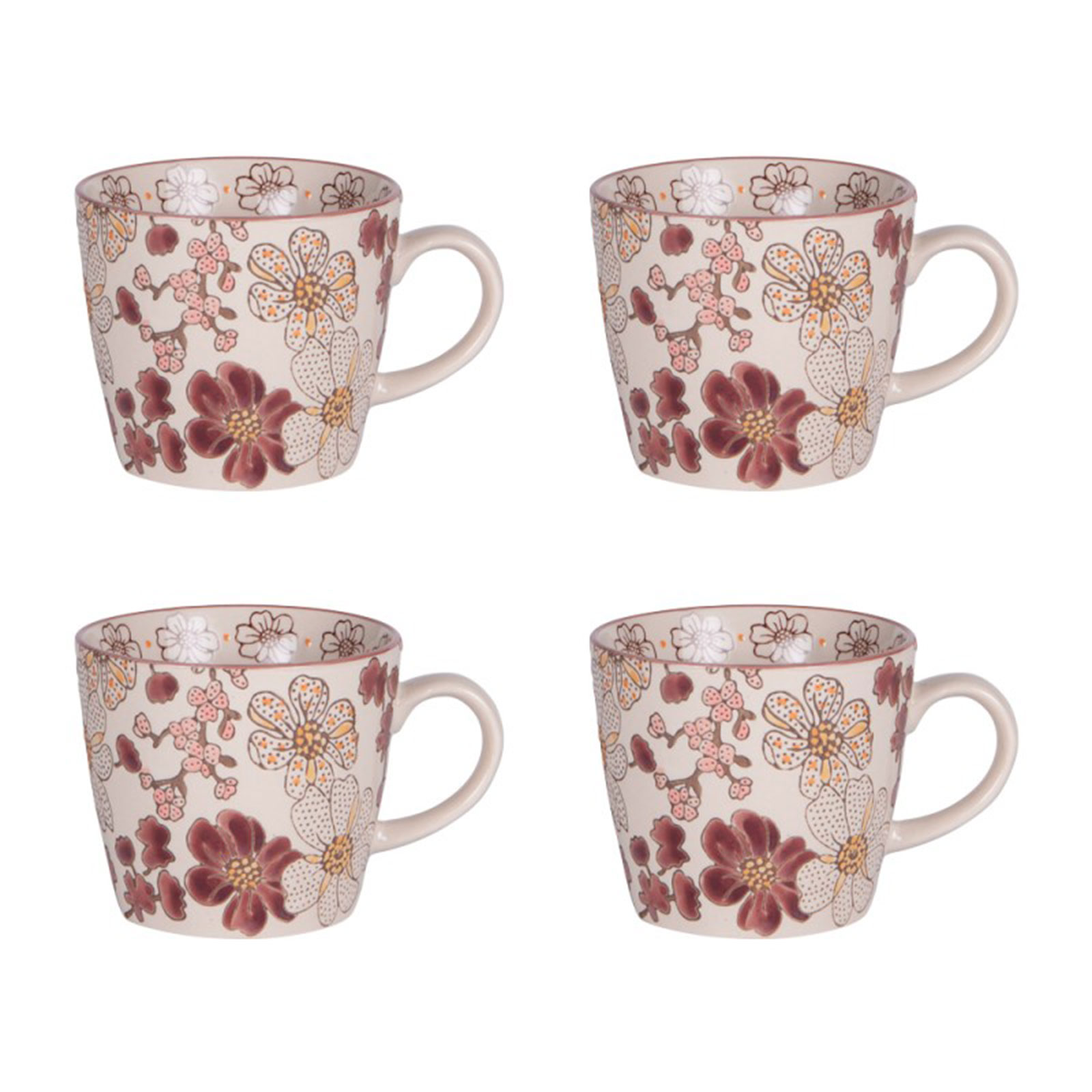 Coffret 4 tasses Kiyo 36cl Bastide, design floral bordeaux ocre, grès pour thé ou café