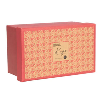 Boîte cadeau Bastide à motif floral Kiyo dans des tons bordeaux, safran et crème, idéale pour 4 coupelles