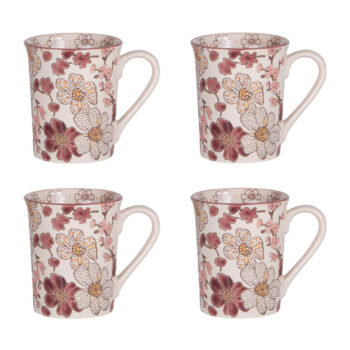 Coffret 4 mugs Kiyo 30cl Bastide, design floral bordeaux et rose sur fond crème