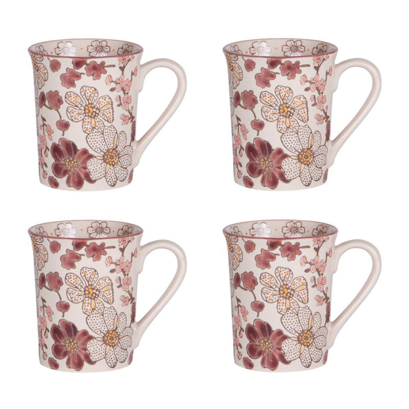 Coffret 4 mugs Kiyo 30cl Bastide, design floral bordeaux et rose sur fond crème