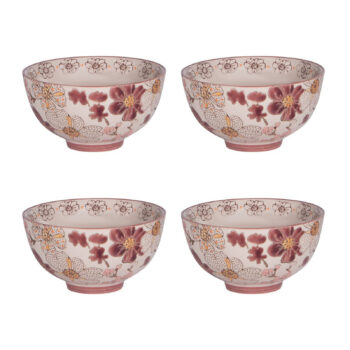 Coffret 4 coupelles Kiyo Bastide motifs floraux bordeaux, orange, blanc cassé, fabrication artisanale