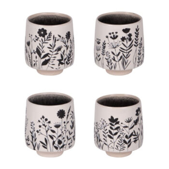 Coffret 4 gobelets Ikebana 25cl Bastide motif floral noir blanc, grès robuste pour café ou thé