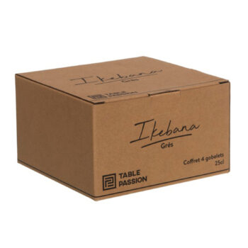 Boîte en carton du coffret 4 gobelets Ikebana 25cl de Table Passion, avec le logo et le nom de la collection en surimpression.