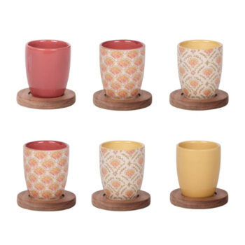Coffret 6 gobelets Rangoli Cafés Querry 10cl, motifs floraux et sous-tasses bois, parfaits pour espresso