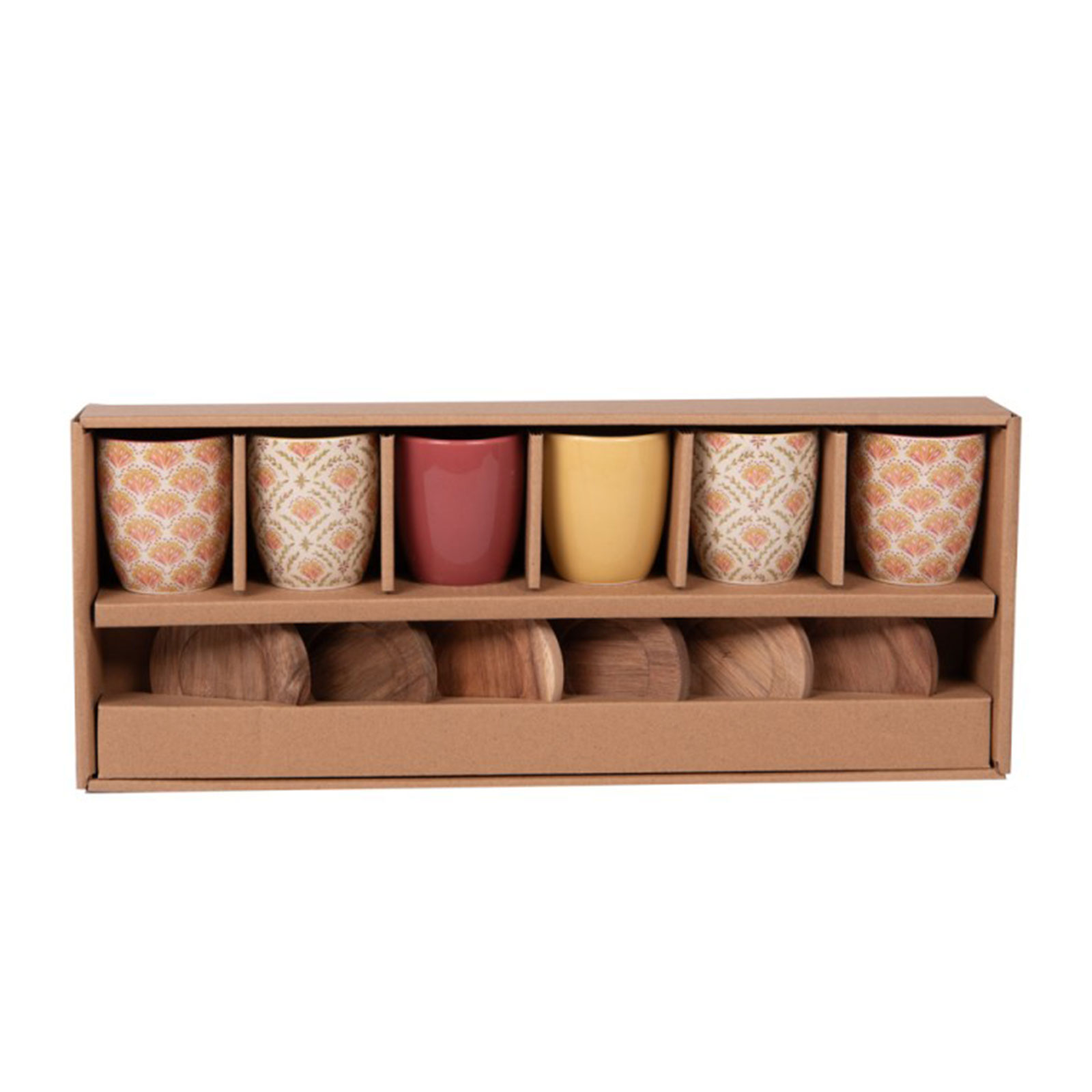 Coffret de six gobelets en grès aux motifs floraux multicolores et sous-tasses en bois de la collection Rangoli