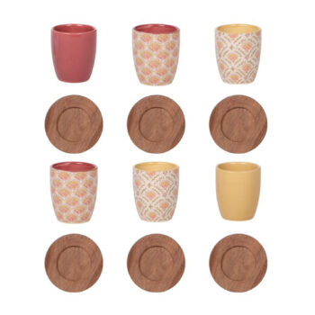 Six gobelets en porcelaine aux motifs floraux multicolores et six sous-tasses en bois, coffret Rangoli 10cl
