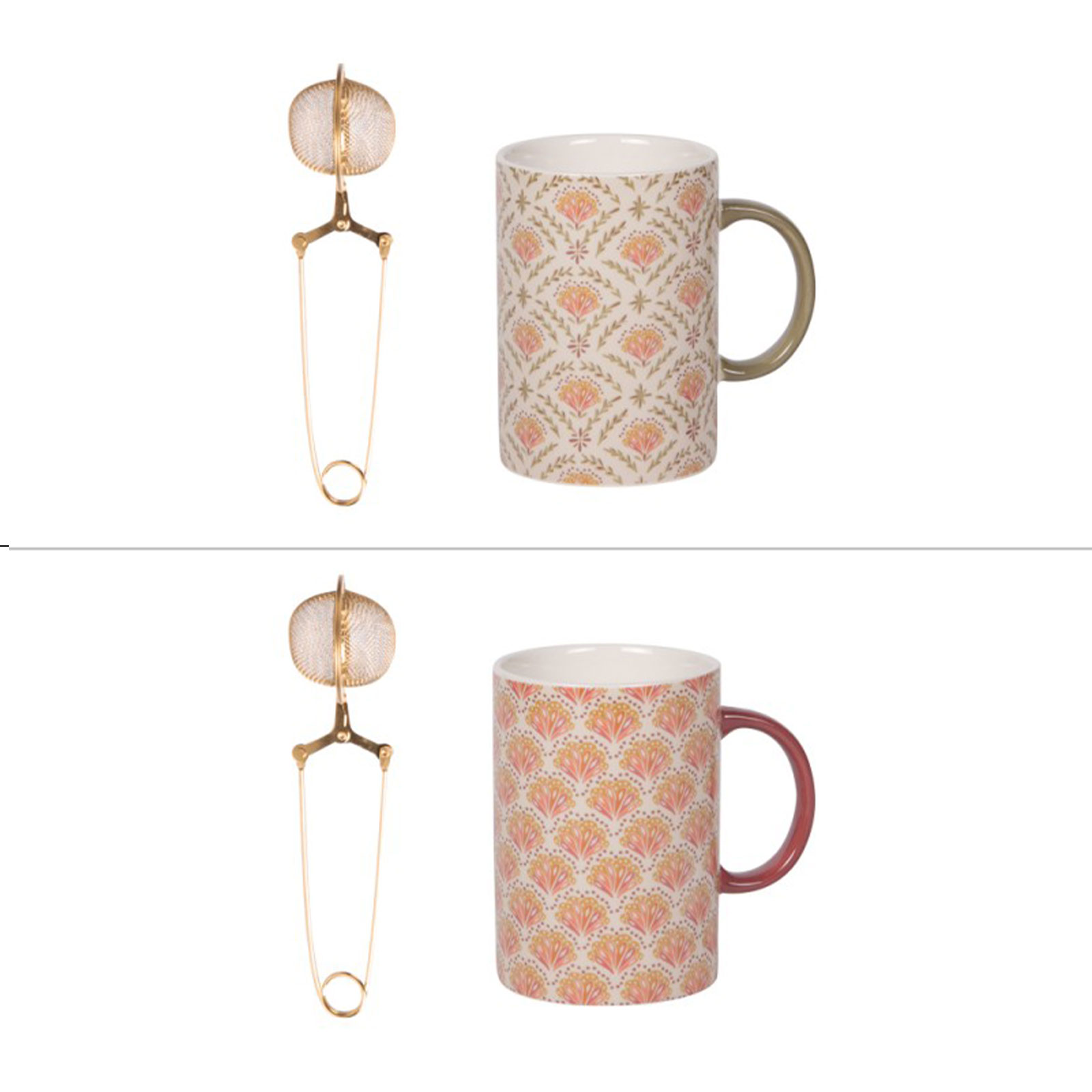 Coffret Bastide avec deux mugs céramique et infuseurs dorés, motifs floraux Rangoli, idéal pour une pause thé élégante