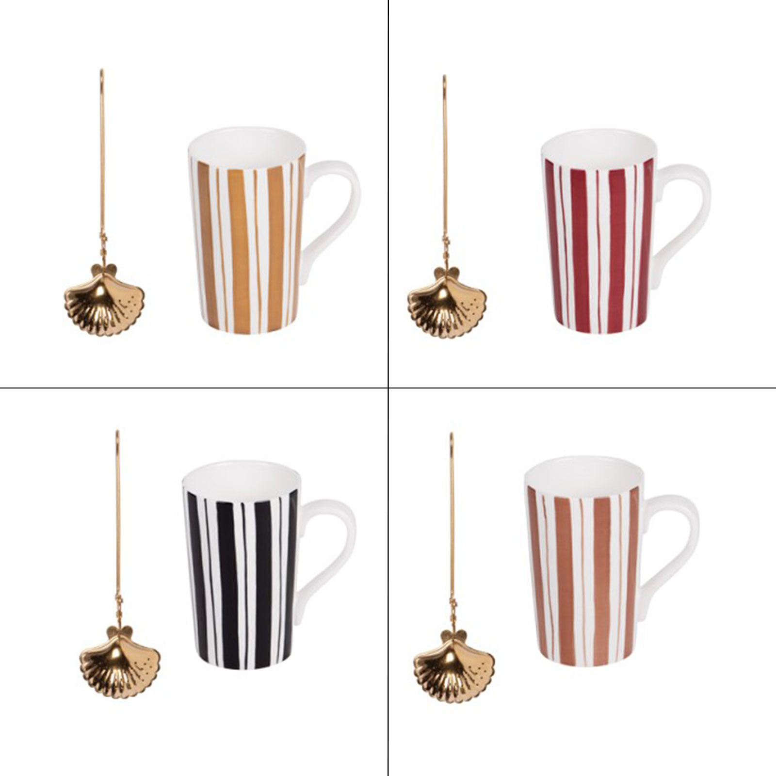 Coffret Bastide mug porcelaine 40cl rayures variées avec infuseur coquillage doré Singita