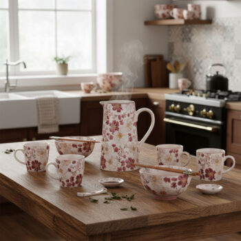 Ensemble de tasses à thé et pichet avec motif floral Kiyo, disposés sur une table en bois dans une cuisine.