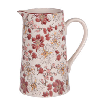 Pichet Bastide Kiyo 1,5L design floral bordeaux et rose sur fond crème, en grès de qualité supérieure