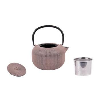 Théière en fonte Gyokuro beige avec son couvercle texturé et un filtre en acier inoxydable, prête pour l'infusion du thé