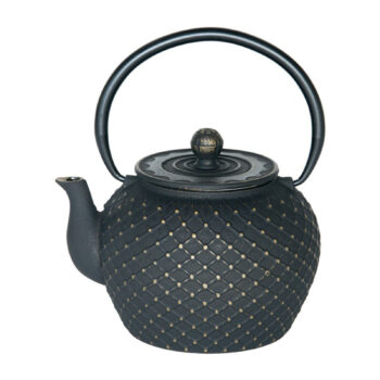 Théière en fonte Bastide Okinawa noir 1,2L, motif losanges texturé doré, anse courbée, design élégant