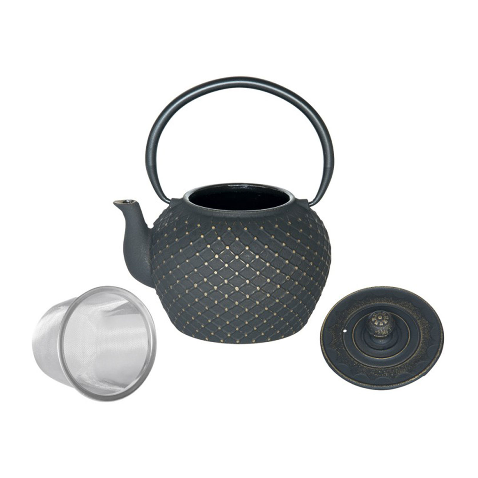 Théière Bastide en fonte noire modèle Okinawa 1.2L avec motif géométrique doré, livrée avec un filtre inox et son couvercle