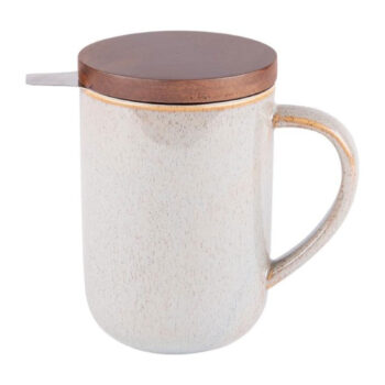 Tisanière Kaito gris 47cl en grès texturé, couvercle bois, anse incurvée, pour infusion artisanale