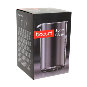 Boîte de rechange en verre Bodum pour cafetière à piston, avec le logo Bodum et la mention "Spare Glass" sur fond noir