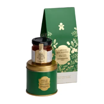 Coffret cadeau de Noël Laponie Enchantée Dammann Frères avec une boîte de thé vert Noël en Laponie et un pot de gelée de thé Noël à Paris.