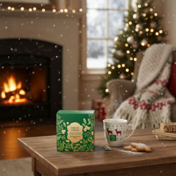 Boîte de thé vert Dammann Frères Noël en Laponie sur une table en bois, avec une tasse fumante décorée de rennes et des biscuits de Noël à côté, dans une ambiance festive avec cheminée et sapin de Noël illuminé.