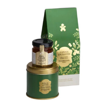 Pochette Dammann Frères Laponie enchantée verte avec un petit pot de gelée de thé Noël à Paris et une boîte de thé Noël en Laponie