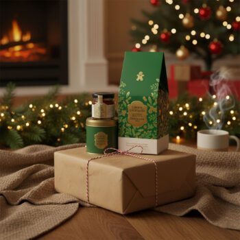 Pochette Dammann Frères Laponie enchantée verte avec un petit pot de gelée et une mini boîte de thé, entourée de décorations de Noël et d'une tasse fumante