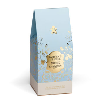 Pochette Dammann Frères Paris sous la neige 90g, emballage festif bleu ciel et or, thé noir aux notes de Noël