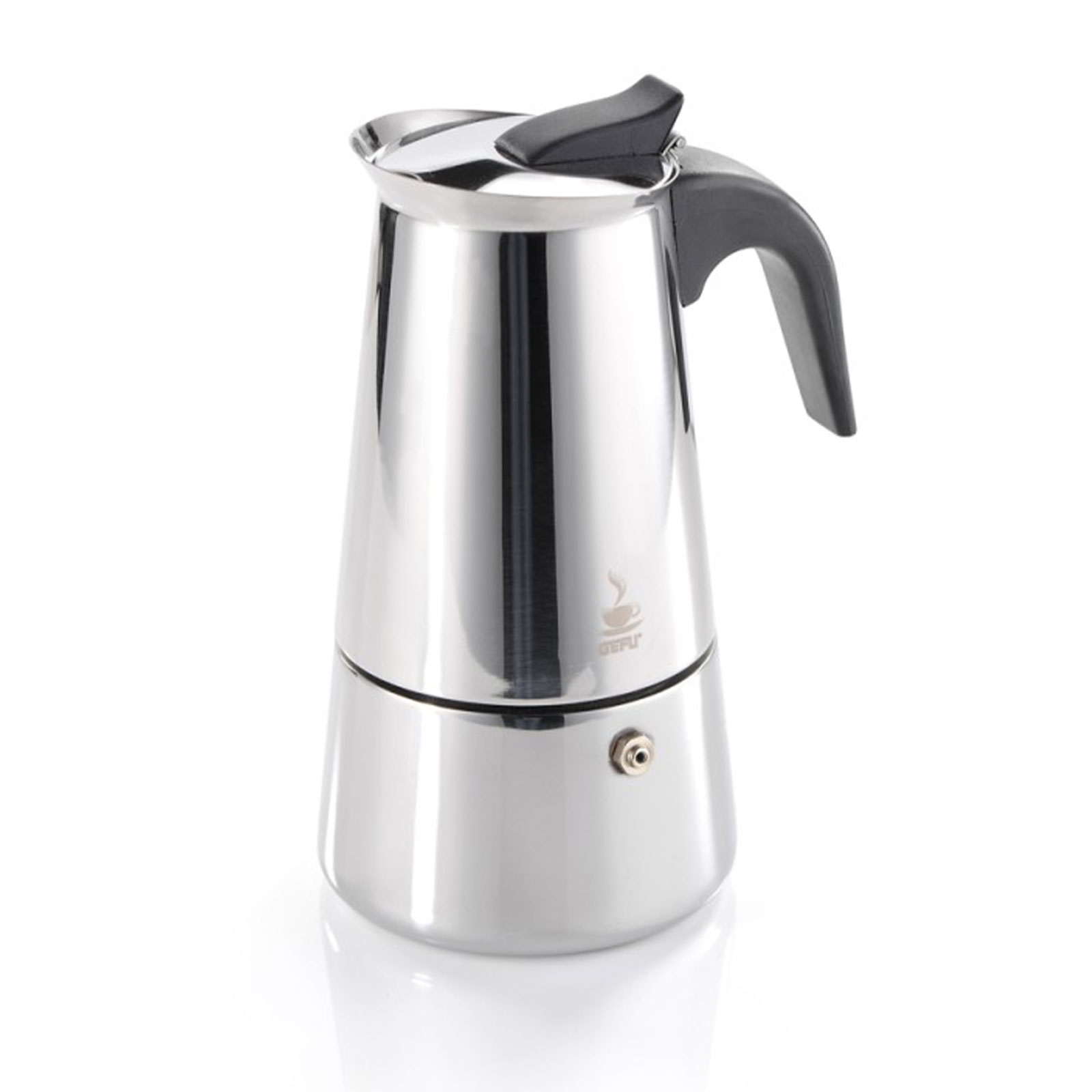 Cafetière italienne Gefu Emilio 2 tasses en acier inoxydable poli, poignée noire, compatible induction