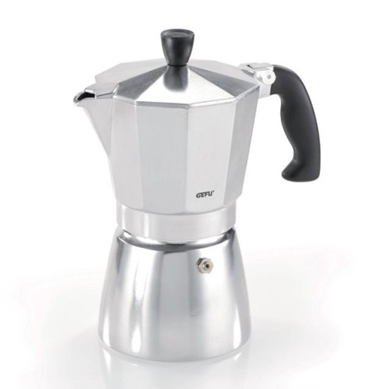 Cafetière italienne Gefu Lucino argentée sur fond blanc, avec poignée noire et logo Gefu, conçue pour 6 tasses d'espresso