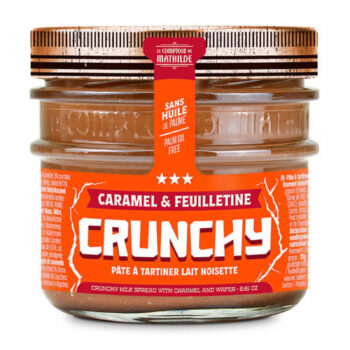 Pâte à tartiner Crunchy caramel et feuilletine Le Comptoir de Mathilde, pot en verre avec étiquette orange vif