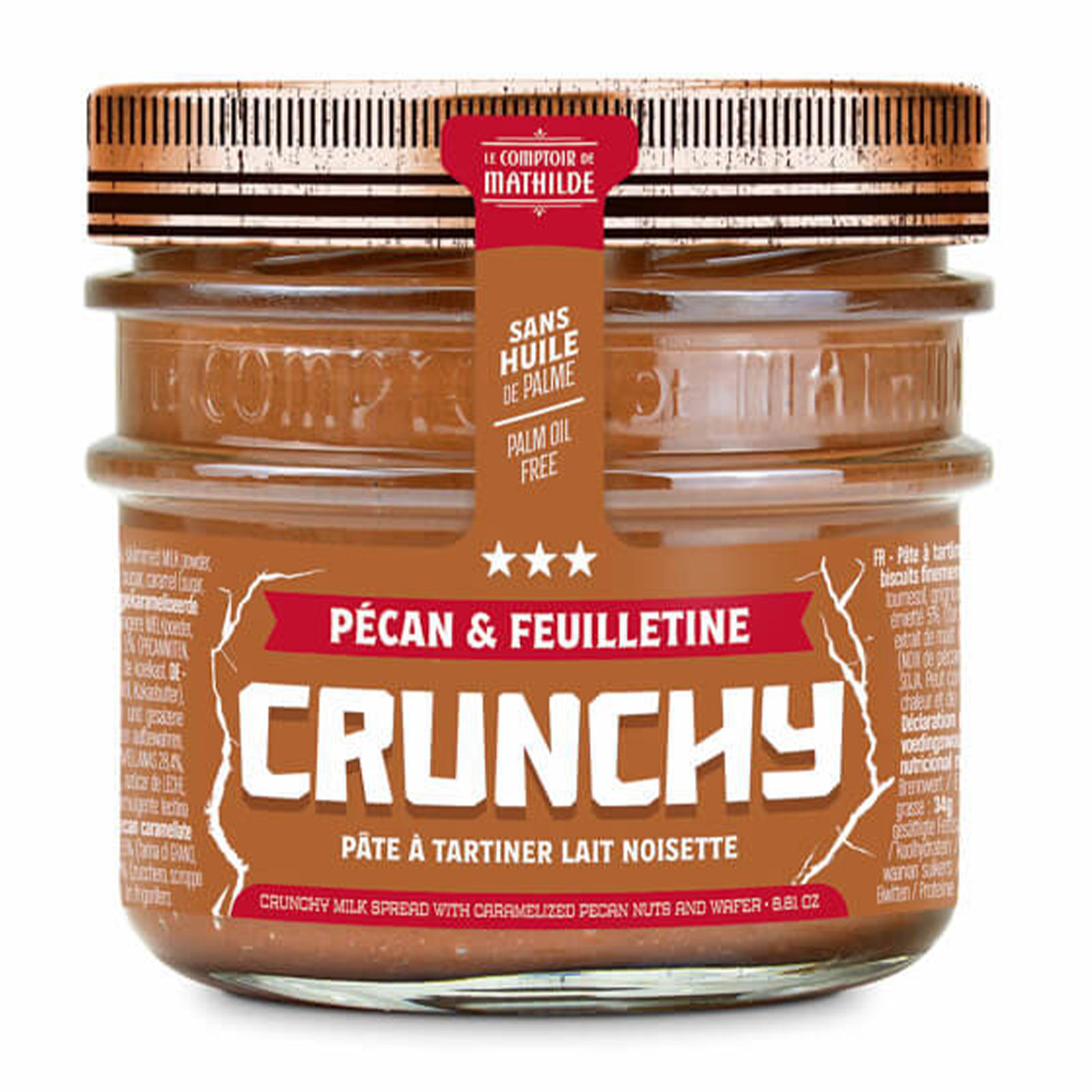 Pot en verre pâte à tartiner CRUNCHY pécan feuilletine Comptoir de Mathilde, sans huile de palme