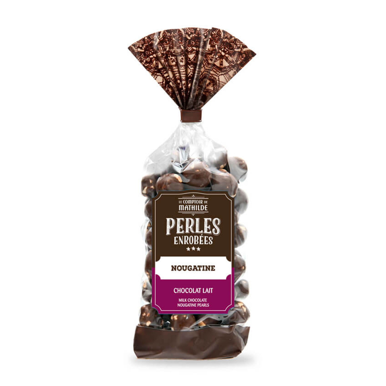 Sachet transparent de perles de nougatine enrobées de chocolat au lait, Le Comptoir de Mathilde