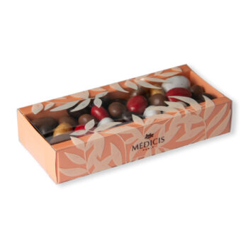 Boîte assortiment Iris 180g Médicis, emballage pêche et or, fenêtre transparente sur chocolats variés