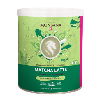 Boîte Monbana Matcha Latte 500g, design végétal vert et rose, tasse onctueuse, fabrication française, vegan