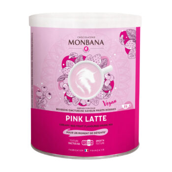 Boîte Monbana Pink Latte 350g rose avec licorne, boisson vegan aux fruits rouges, moment de détente