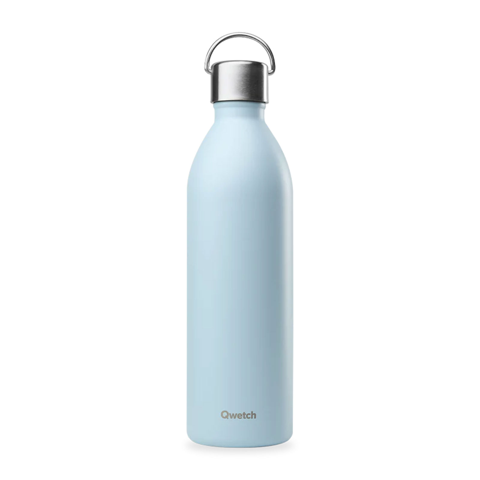 Bouteille isotherme Qwetch bleu pastel 1L, acier inoxydable brossé, anse pratique pour une vie active