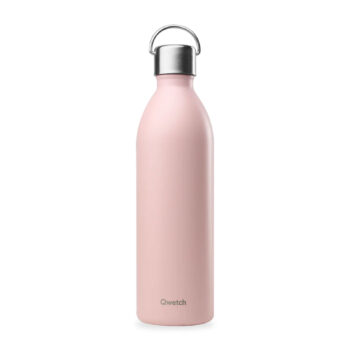 Bouteille isotherme Qwetch rose pastel mat 1L, anse pratique, double paroi inox pour boissons chaudes 12h et froides 24h