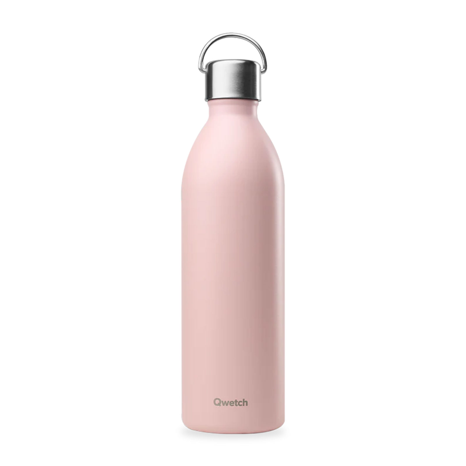 Bouteille isotherme Qwetch rose pastel mat 1L, anse pratique, double paroi inox pour boissons chaudes 12h et froides 24h