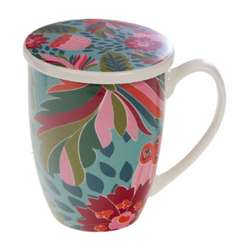 Tisanière Isaline Amadeus bleu sarcelle, design floral coloré, avec couvercle assorti et anse blanche