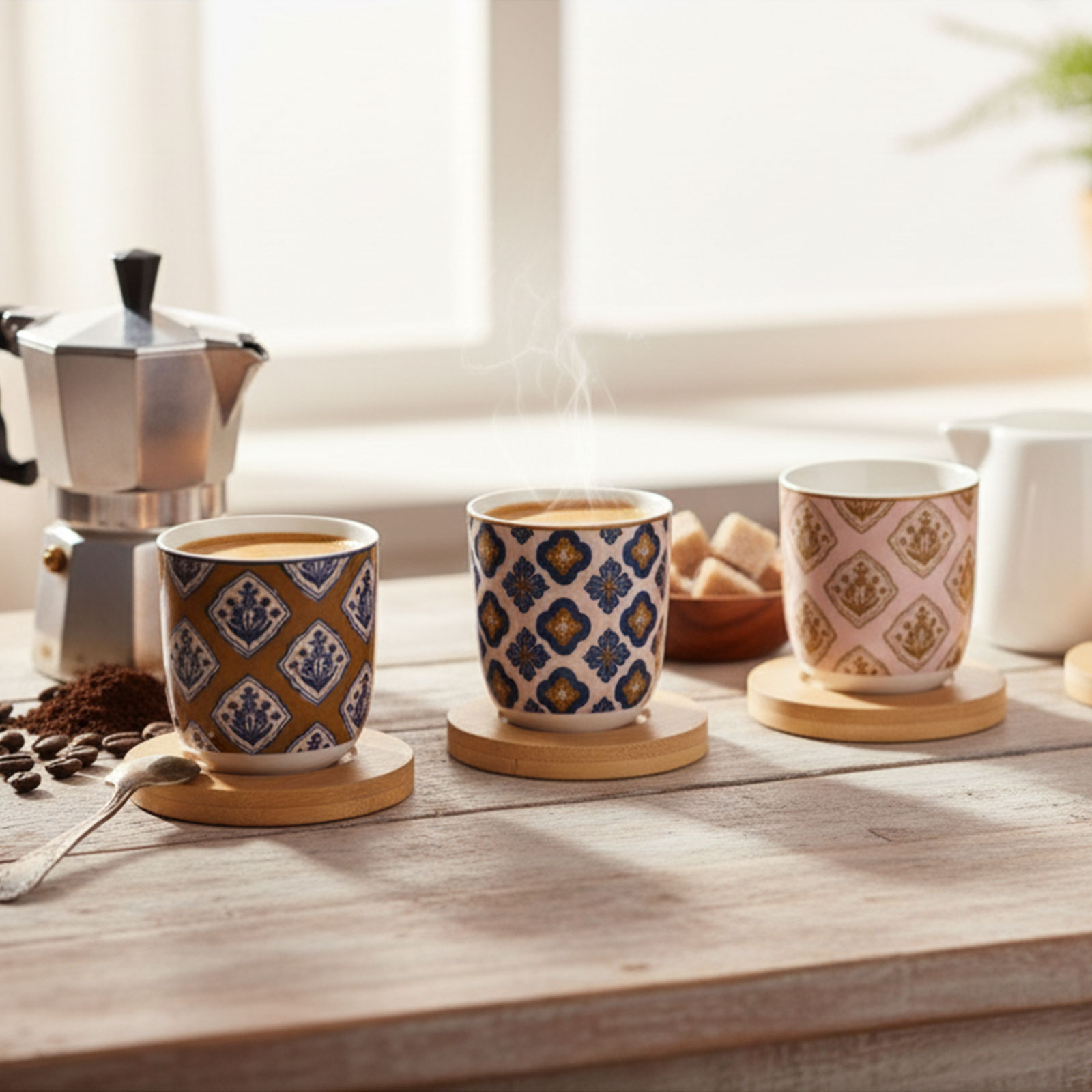 Trois gobelets à motifs géométriques ethniques sur des sous-tasses en bois clair, avec une cafetière italienne et des grains de café à gauche, sur une table en bois.
