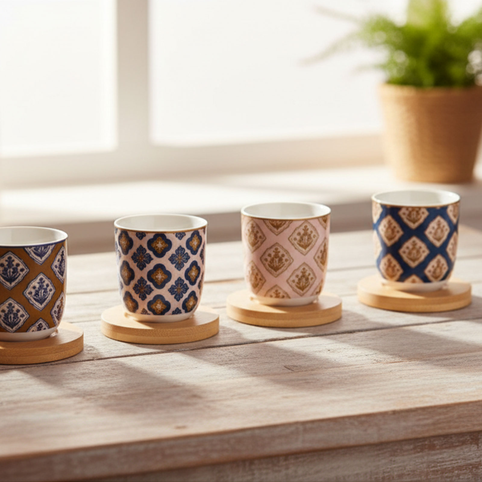 Quatre gobelets en porcelaine avec motifs géométriques bleus, roses et dorés sur des sous-tasses en bois, disposés sur une table en bois