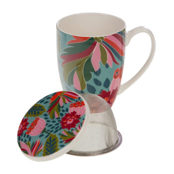 Tisanière en porcelaine fine avec motif floral coloré, livrée avec un filtre en acier inoxydable et un couvercle assorti.