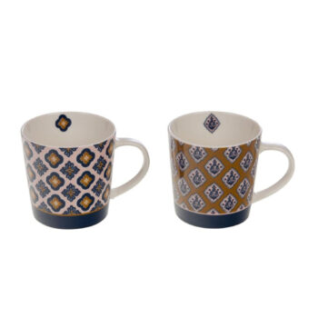 Coffret deux mugs Laure 36cl en porcelaine Bone China, motifs géométriques ethniques rose poudré et ocre
