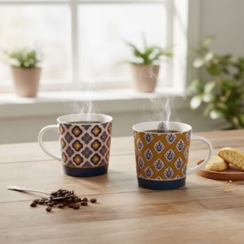 Deux mugs en porcelaine aux motifs géométriques colorés, remplis de café fumant, disposés sur une table en bois avec quelques grains de café sur une cuillère