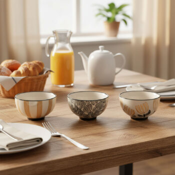 Trois mini bols décoratifs sur une table en bois, un avec des rayures dorées, un avec un motif végétal noir et un avec des fleurs dorées, pour un petit-déjeuner ou un apéritif.