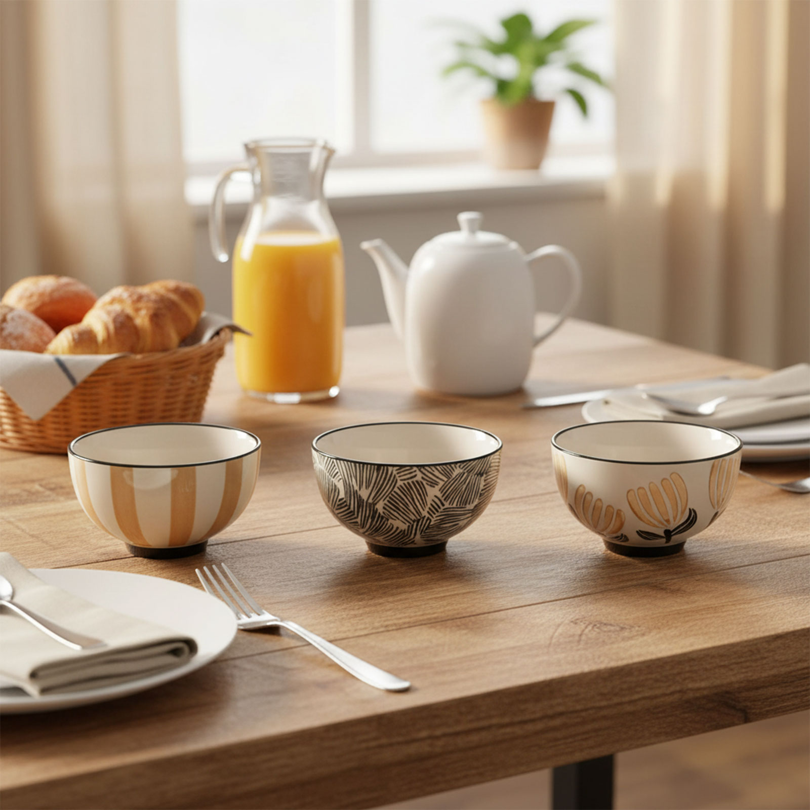 Trois mini bols décoratifs sur une table en bois, un avec des rayures dorées, un avec un motif végétal noir et un avec des fleurs dorées, pour un petit-déjeuner ou un apéritif.