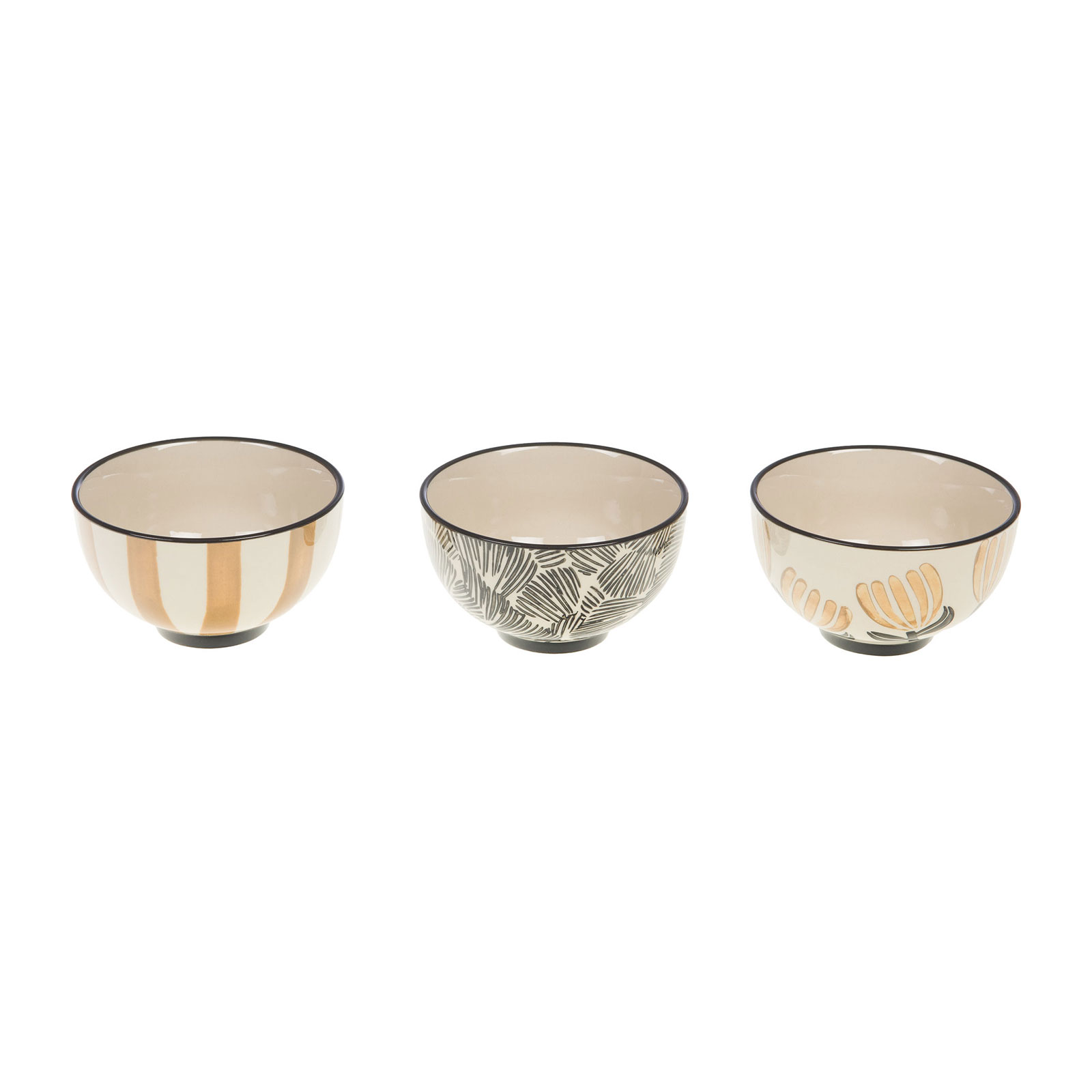 Trois mini bols Amadeus Eva sur fond blanc, motifs rayures orange, feuilles noires et fleurs jaune orangé, bordure noire