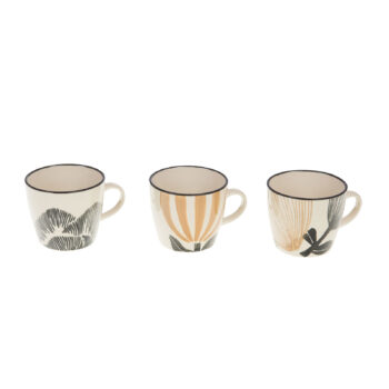Trois mugs Amadeus Eva 30cl avec motifs floraux stylisés gris, orange et noirs, bordés de noir