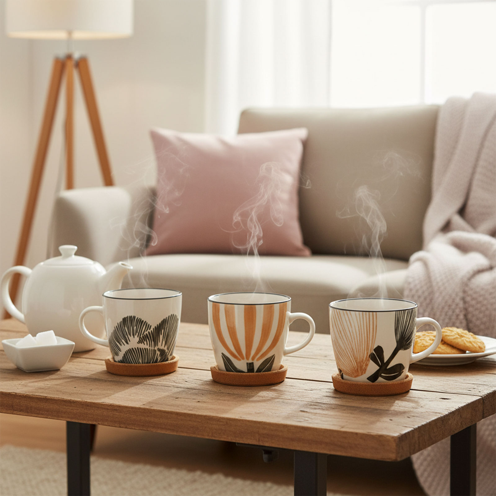Trois mugs de style bohème Amadeus Eva 30cl avec des motifs graphiques stylisés, disposés sur une table en bois avec une théière blanche, un bol de sucre et des biscuits.