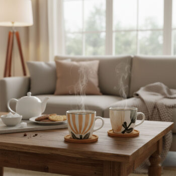 Tasse à thé Amadeus Eva crème avec des motifs végétaux dorés et noirs, posée sur une table d'appoint en bois, devant une cheminée.