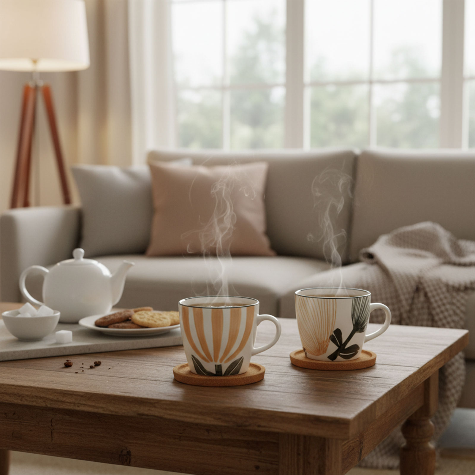 Tasse à thé Amadeus Eva crème avec des motifs végétaux dorés et noirs, posée sur une table d'appoint en bois, devant une cheminée.