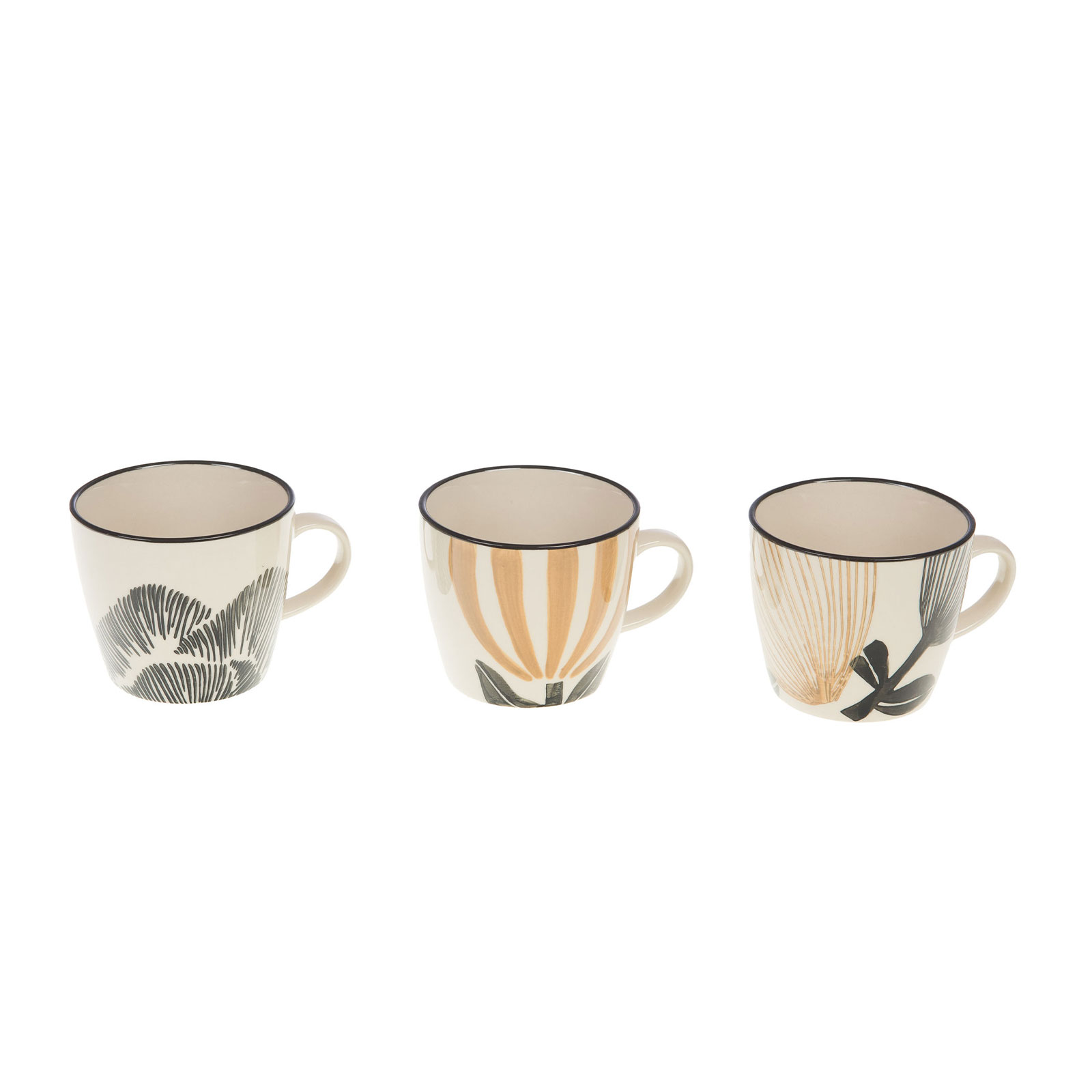 Trois mugs Amadeus Eva 30cl avec motifs floraux stylisés gris, orange et noirs, bordés de noir
