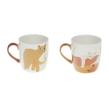 Deux tasses Amadeus Gustave en céramique blanche avec illustrations de chats stylisés et anses dorées